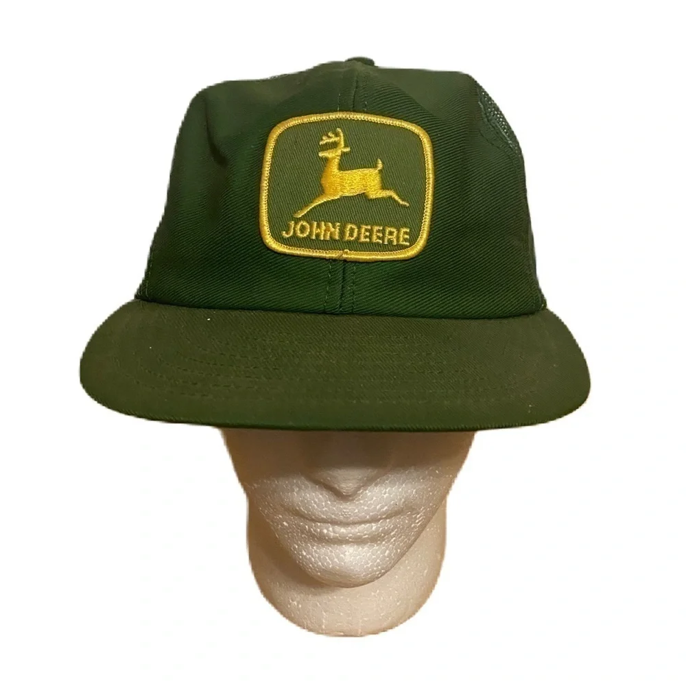 Vintage John Deere Running Deer Patch Snap Back Mesh Hat K Products RARE Green